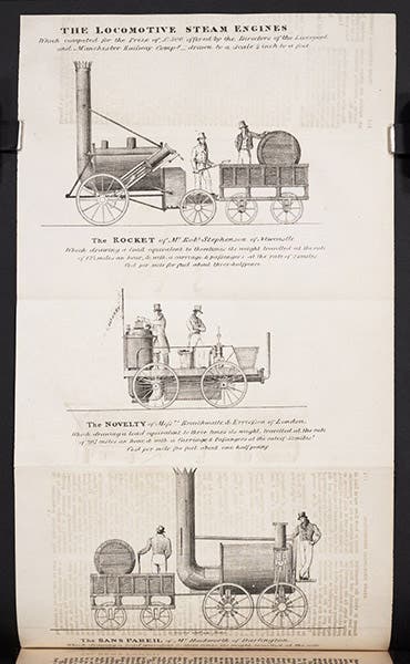 Rocket, Novelty, and Sans Pareil, locomotives built for the Rainhill Trials, lithograph in Mechanics' Magazine, Register, Journal, and Gazette, vol. 12, p. 236, Nov. 28, 1829 (mounted following p. 114 in our copy) (Linda Hall Library)