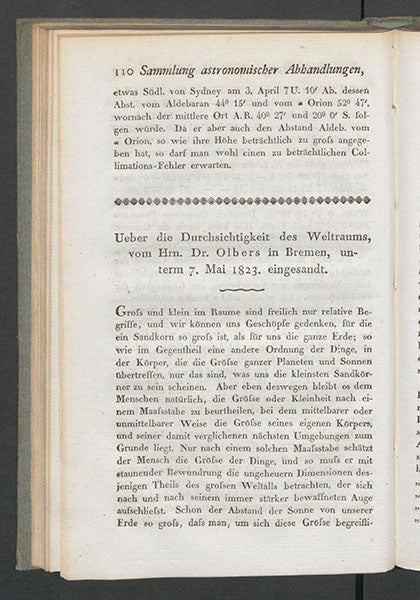 First page of "Ueber die Durchsichtigkeit des Weltraums" by Heinrich Olbers, a paper that announces the dark-sky paradox, in Astronomisches Jahrbuch für das Jahr 1826, 1823 (Linda Hall Library)