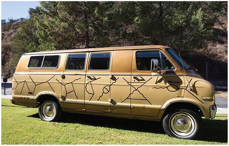 Richard Feynman’s Dodge van, decorated with Feynman diagrams, photograph, undated (ArtCenter College of Design via researchgate.net)