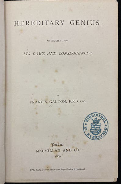 Title page, Hereditary Genius: An Inquiry into its Laws and Consequences, by Francis Galton, 1869 (Linda Hall Library)