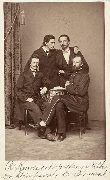 Group portrait of four members of the Megatherium Club; William Stimpson is at bottom left; the others are, clockwise from Stimpson, Robert Kennicott, Henry Ulke (who also took the photograph), and Henry Bryant; photograph, 1863, National Portrait Gallery, Smithsonian Institution (Wikimedia commons)