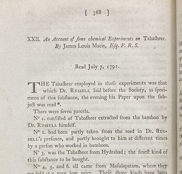 First page of “An account of some chemical experiments on Tabasheer,” by James Louis Macie (i.e., James Smithson), Philosophical Transactions of the Royal Society of London, vol. 81, 1791 (Linda Hall Library)