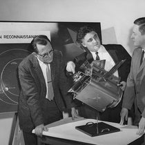 Hal Laning (left), Milt Trageser, and Dick Battin at MIT’s Instrumentation Lab, with their Mars probe of 1959 (wehackthemoon.com)