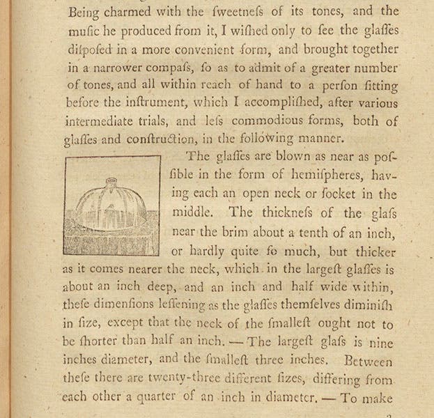 Detail of a page from Benjamin Franklin’s letter to Giambattista Beccaria, dated July 13, 1762, where he illustrates a bowl of his Armonica and discusses how to make them, in Franklin’s Experiments and Observations on Electricity, 4th ed., 1769 (Linda Hall Library)