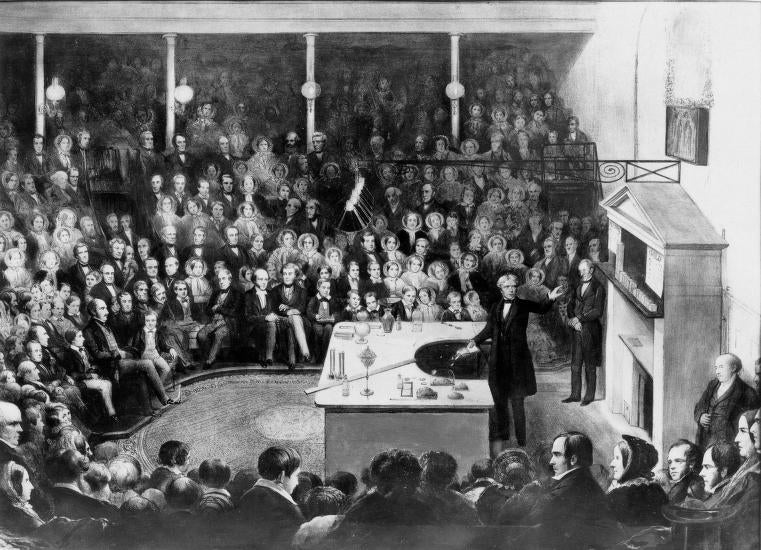 One of the Christmas Lectures of 1856 or 1856, with Michael Faraday delivering, medium unknown (Wikimedia commons)