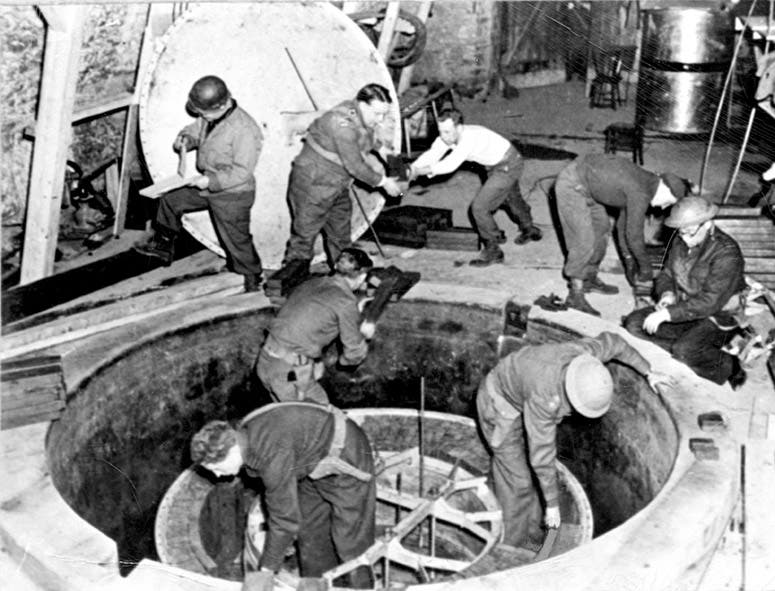 Dismantling the German experimental reactor at Haigerloch, photograph, Apr. 23, 1945 (Wikimedia commons)