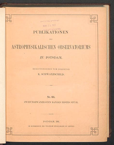 Cover of the issue of Publikationen des astrophysikalischen Observatoriums zu Potsdam where Hertzsprung published the first magnitude-spectral type diagrams for stars, 1913 (Linda Hall Library)