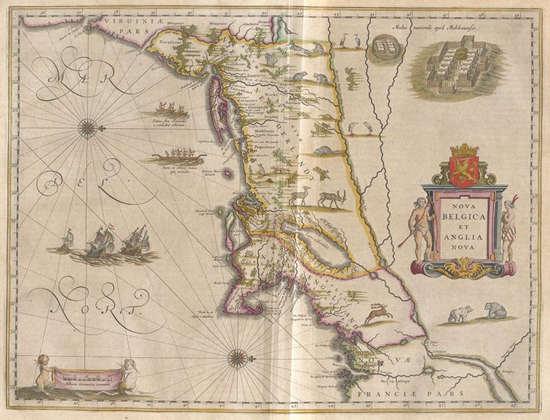 Map of New England, north to the right, hand-colored engraving, Atlas maior, by Joan Blaeu, vol. 11, foll. p. 35, 1662 (Linda Hall Library)