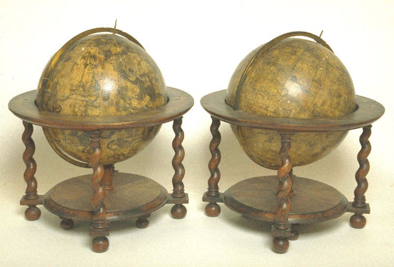 Pair of Blaeu globes, with the celestial globe of 1603 (left) utilizing the star positions determined by Tycho Brahe (Museum of the History of Science, Oxford)
