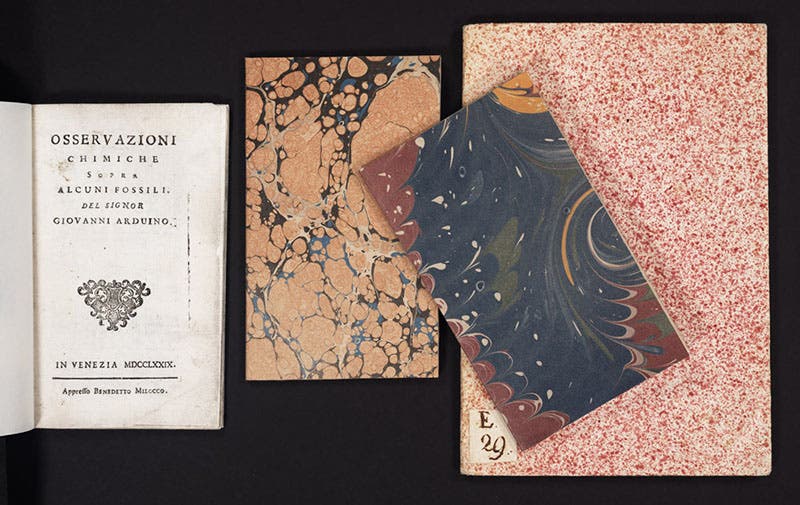 Four short treatises or letters on geological topics, written by Giovanni Arduino in the period from 1777 to 1791 and subsequently published; the marbled-paper bindings are recent (Linda Hall Library)