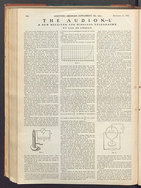 Reprint of De Forest’s first article on “The Audion: A New Receiver for Wireless Telegraphy” in Scientific American Supplement, no 1665 (Nov. 30, 1907). (Linda Hall Library)