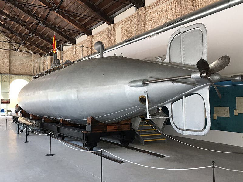 The Peral submarine of 1888, now on display in the Naval Museum of Cartagena, photograph, 2018 (Wikimedia commons)