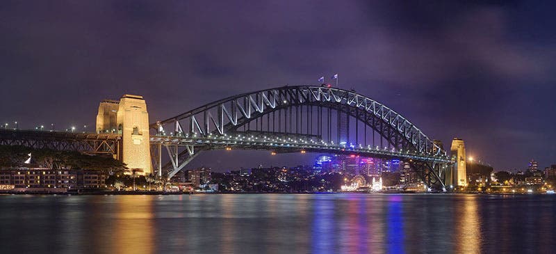Sydney Harbour Bridge at night, recent photograph, taken on Jan. 30, 2010 (Wikimedia commons, Author: JJ Harrison, Creative Commons CC-BY-SA-3.0)