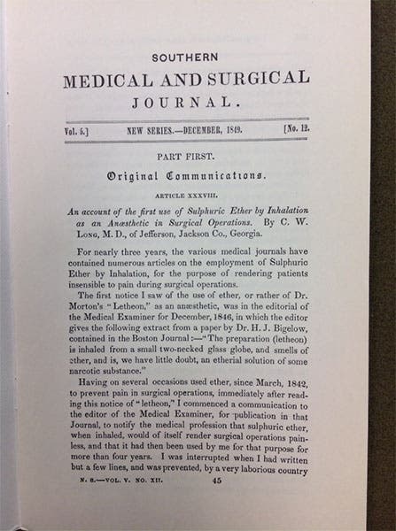 Reproduction of the first page of “An account of the first use of Sulphuric Ether by inhalation as an Anaesthetic in Surgical Operations” by Crawford Long, in Southern Medical and Surgical Journal, 1849 (Clendening History of Medicine Library)