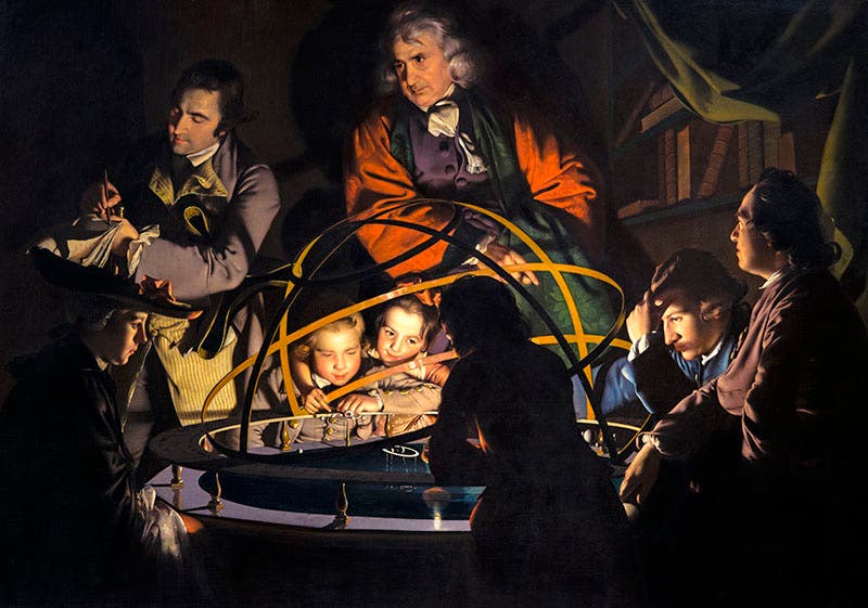 A Philosopher Giving that Lecture on the Orrery, in which a Lamp is put in place of the Sun or The Orrery, oil on canvas, by Joseph Wright, ca 1766, Derby Museum and Art Gallery (Wikimedia commons)