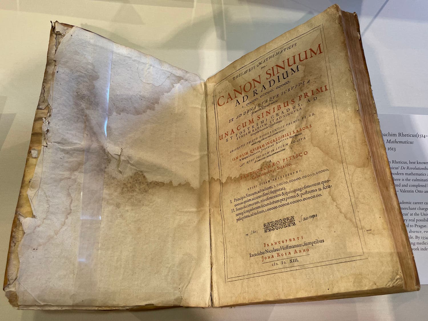 Photo of book by Georg Joachim Rheticus, ed. Bartholamaeus Pitiscus & Valentinus Otho, Thesaurus Mathematicus. Frankfurt, 1613.