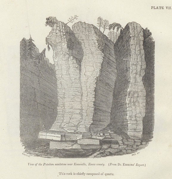 Potsdam sandstone, wood engraving, Ebenezer Emmons, Geology of New York, vol. 2, 1842 (Linda Hall Library)