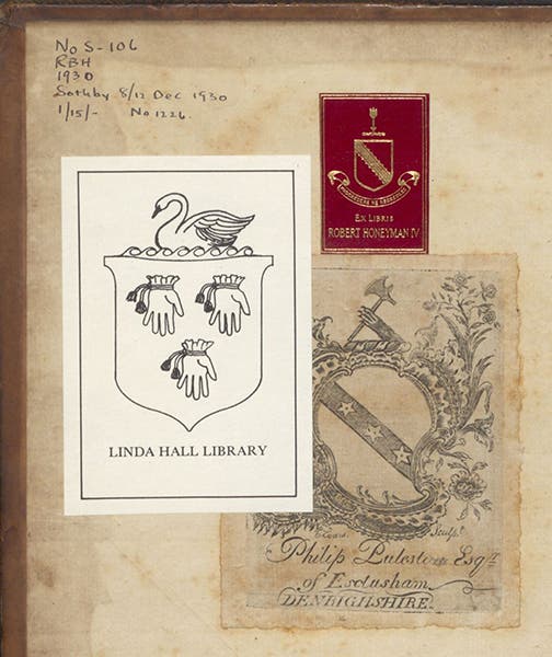 Three bookplates and an accession note, front pastedown (inside front cover), the Honeyman copy of The History and Present State of Electricity, by Joseph Priestley, copy 1, 1767 (Linda Hall Library)
