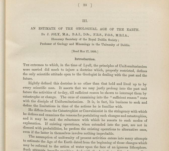 First page of article on the age of the Earth, by John Joly, Scientific Transactions of the Royal Society of Dublin, vol. 7, 1898-1902 (Linda Hall Library)