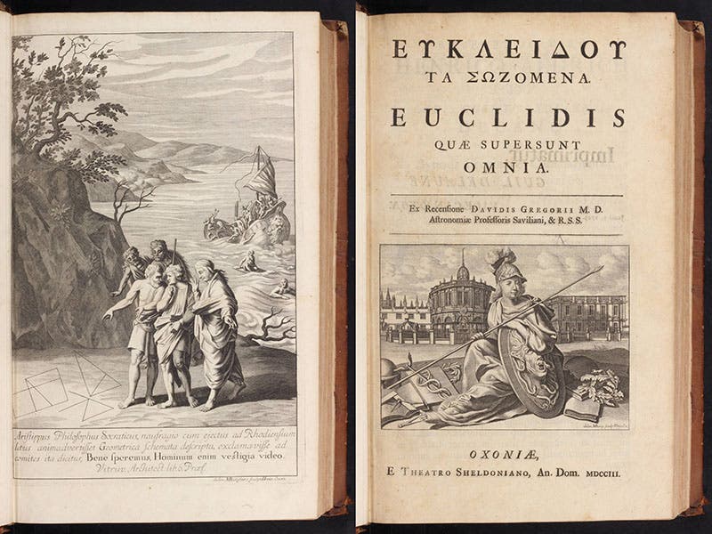 The frontispiece and title page of Euclidis quae supersunt omnia, ed. By David Gregory, 1703 (Linda Hall Library)