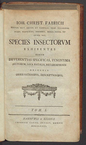 Title page, Johann C. Fabricius, Species insectorum, 1781 (Linda Hall Library)