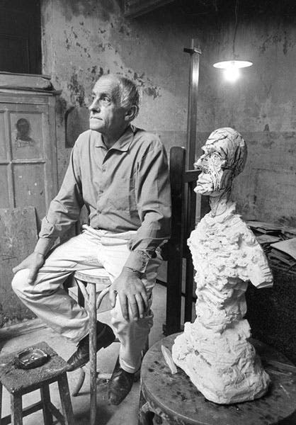 Diego Giacometti in the studio, with a plaster bust of Diego by Alberto Giacometti, photograph, 1966 (foundation-giacometti.fr)