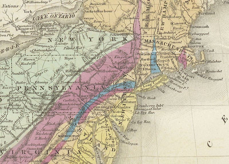 Geological map of the area from Philadelphia up through New England, detail of a larger map by William Maclure, hand-colored engraved frontispiece in his Observations on the Geology of the United States of America, 1817 (Linda Hall Library)