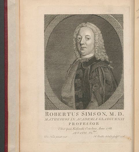 Portrait of Robert Simson, engraved frontispiece to his posthumous <i>Opera quaedam reliqua</i>, 1776 (Linda Hall Library)