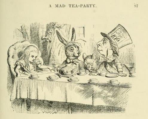 The Mad Tea-Party, with the Dormouse, the March Hare, and the Mad Hatter, wood engraving after a drawing by John Tenniel, Alice’s Adventures in Wonderland, by Lewis Carrol, p. 97, 1866, Gettysburg College Library (archive.org)