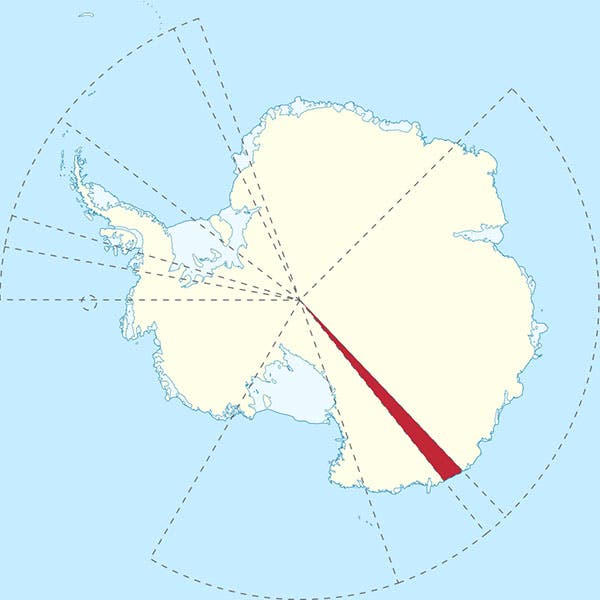 Modern map of the claimed territories of Antarctica; Adélie Land is the thin red sliver of a wedge at the five o’clock position (Wikimedia commons)