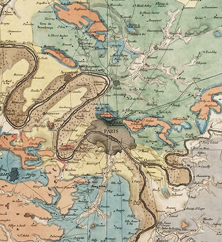 Detail, geological map of the Paris basin, from Cuvier and Brongniart, <i>Essai sur la géographie minéralogique des environs de Paris</i>, 1811 (Linda Hall Library)