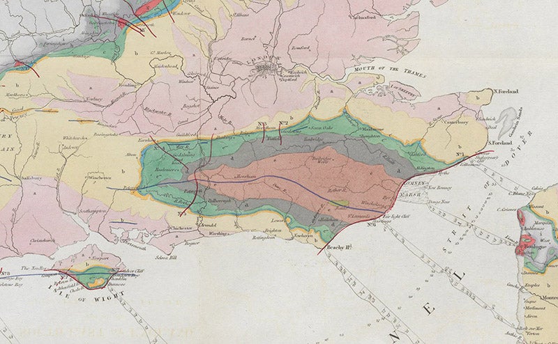 Detail of geological map of southeast England, showing the Weald and the Isle of Wight, accompanying an article by William Henry Fitton, Transactions of the Geological Society of London, 2nd ser., vol. 4, 1836 (Linda Hall Library)