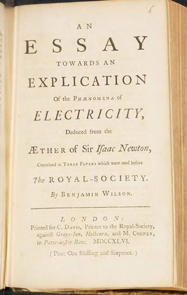 Title page, An Essay towards an Explication of the Phaenomena of Electricity, deduced from the aether of Sir Isaac Newton, by Benjamin Wilson, 1746 (Linda Hall Library)