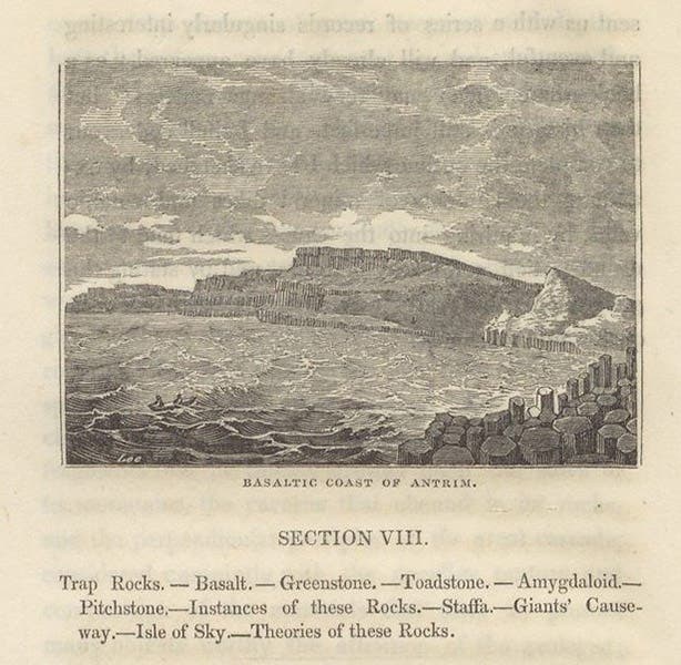 “Basaltic Coast of Antrim,” wood-engraved headpiece to Sect. 8, William Thomas Brande, Outlines of Geology, 1829 ed. (Linda Hall Library)