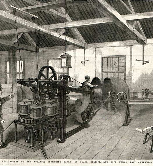 Submarine cable being manufactured in the Glass, Elliot, and Co. plant, East Greenwich, wood engraving, Illustrated London News, Mar. 14, 1857 (atlantic-cable.com)