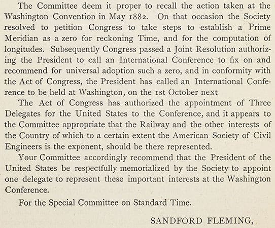 Final paragraphs of Fleming’s 1884 committee report, mentioning the upcoming Meridian Congress (Linda Hall Library)