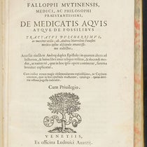 Title page, De medicatis aquis, atque de fossilibus, by Gabriele Falloppio, 1569 (The Linda Hall)