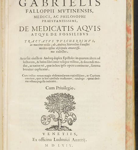 Title page, De medicatis aquis, atque de fossilibus, by Gabriele Falloppio, 1569 (The Linda Hall)