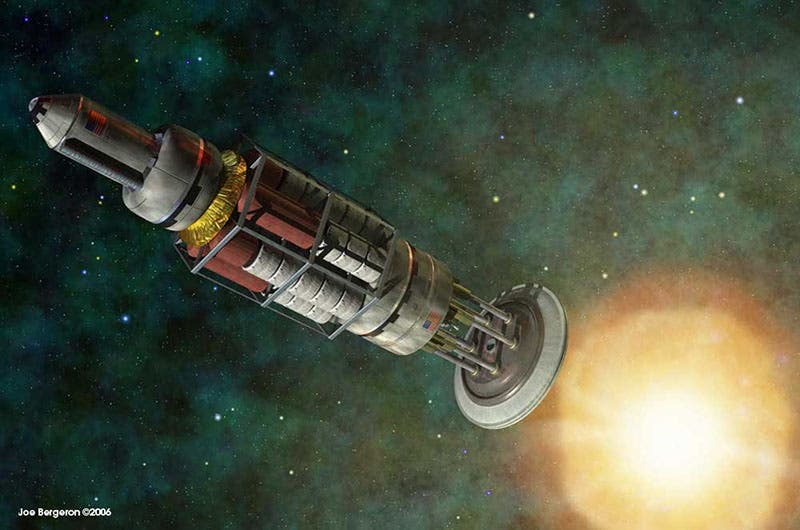 Artist’s simulation of Project Orion spaceship, powered by pulses of nuclear explosions (futurism.com)