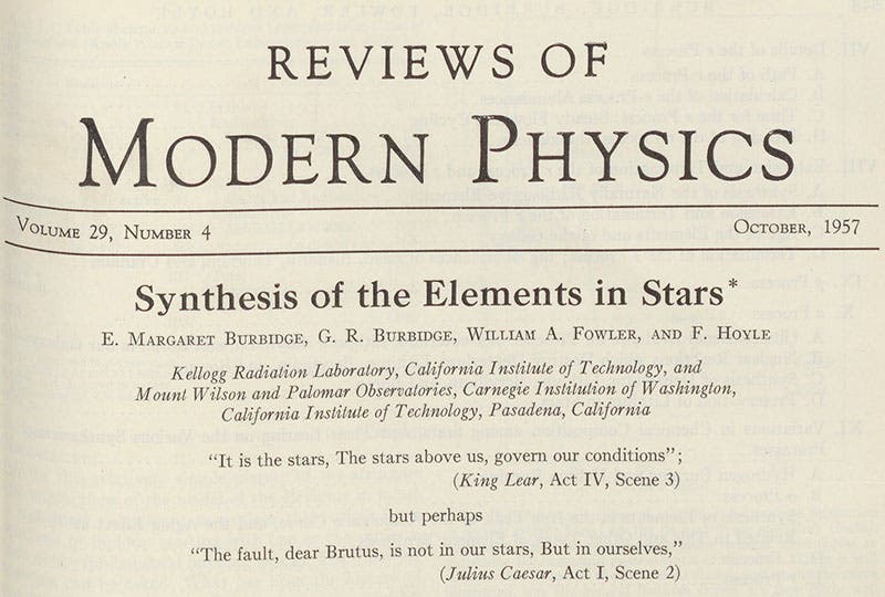 Detail of the first page of the B2FH paper on stellar nucleosynthesis, by Margaret Burbidge, Geoffrey Burbidge, Willy Fowler, and Fred Hoyle, Reviews of Modern Physics, vol. 29, p. 447, 1957 (Linda Hall Library)