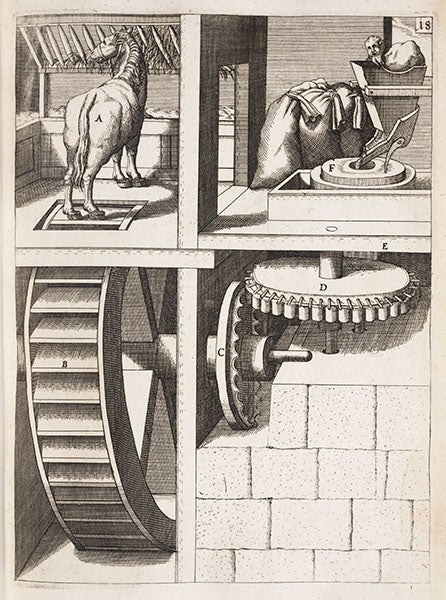 Horse-powered mill, from Böckler, Theatrum, 1662 (Linda Hall Library)