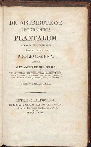 Title page, Alexander von Humboldt, De distributione geographica plantarum, 1817 (Linda Hall Library