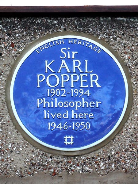 Blue plaque at the site of a Karl Popper residence, Oakleigh Park, London (Wikimedia commons)
