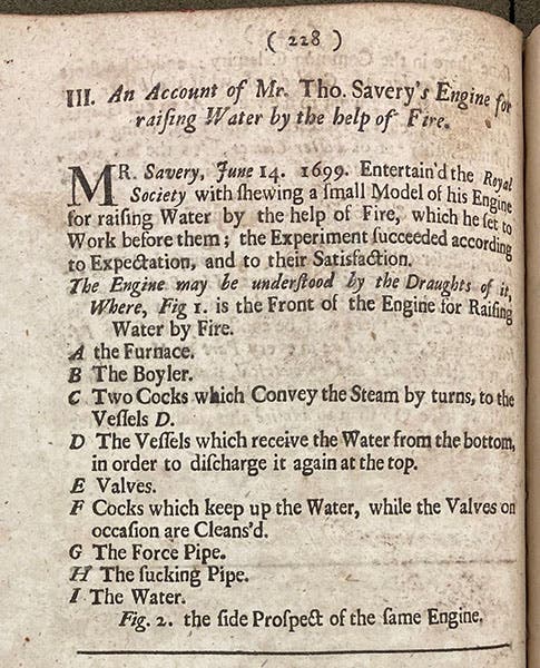 One-page account of Thomas Savery’s demonstration of a model of his steam-powered water pump to the Royal Society of London, on June 14, 1699, in their Philosophical Transactions, 1699, vol. 21, no. 253 (Linda Hall Library)