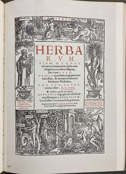 Facsimile of the title page for item 33a, Otto Brunfels, Herbarum vivae eicones, 1530-36, in One Hundred Books Famous in Science, by Harrison D. Horblit, 1964 (Linda Hall Library)