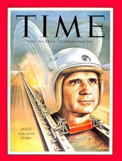 John Paul Stapp on cover of Time magazine, Sep. 12, 1955 (timeinc.net)