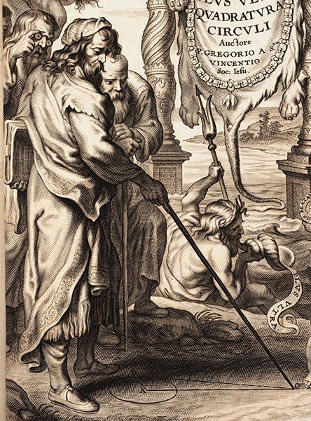 Archimedes showing how to triangulate a circle, engraved title page of Problema austriacum plus ultra: Quadratura circuli, by Grégoire de Saint-Vincent, 1647, detail of first image (Linda Hall Library)