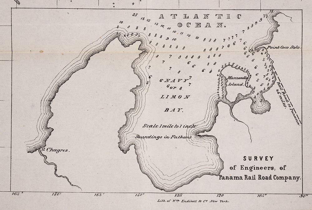 Survey of Limon Bay by engineers of the Panama Railroad, 1848. From from Chart, prepared by Lieutenant M.F. Maury, U.S.N. … on Steam Communication with China and the Sandwich Islands. May 4th, 1848.
