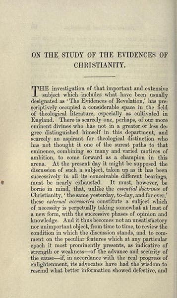 First page of “On the study of the evidences of Christianity,” by Baden Powell, Essays and Reviews, 1860, Internet Archive (archive.org)