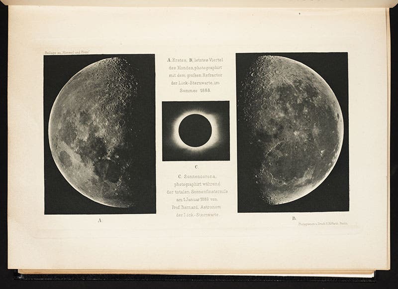Two photos of the Moon, and one of a solar eclipse, taken with the 36-inch Lick refractor, from Himmel und Erde, 1889 (Linda Hall Library)